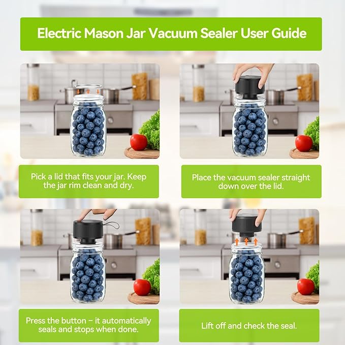 Upgraded 3-in-1 Electric Mason Jar Vacuum Sealer Kit for Mason Jars, Food Savers & Containers | Food Preservation System for Kitchen | Ideal for Canning Jams, Pickles, Dry Foods, Grains & Leftovers