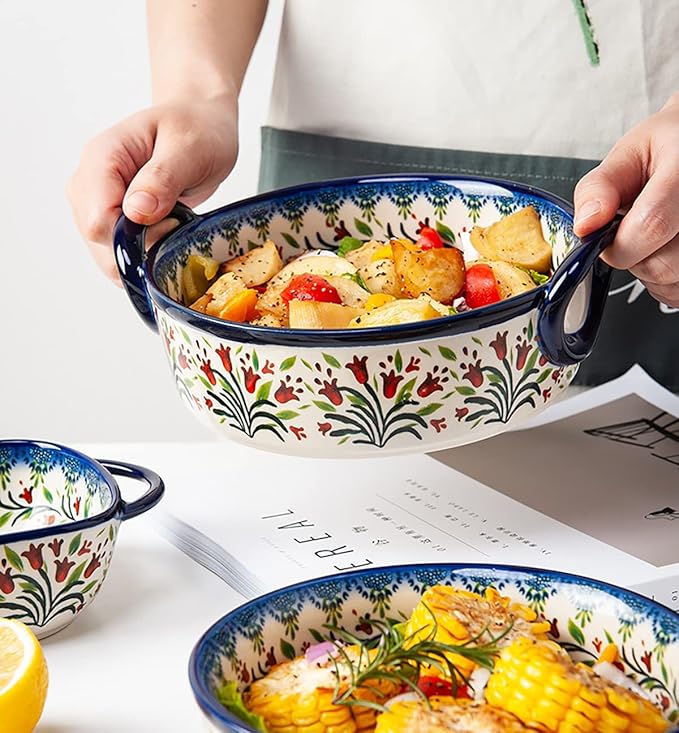 Vintage Style Tulip Flower Pattern Ceramic Bakeware Casserole Dish Baking Pan Lasagna Pans Baking Dish with Handles for Oven/Cooking/Kitchen-1 PCS-32 OZ