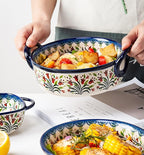 Vintage Style Tulip Flower Pattern Ceramic Bakeware Casserole Dish Baking Pan Lasagna Pans Baking Dish with Handles for Oven/Cooking/Kitchen-1 PCS-32 OZ