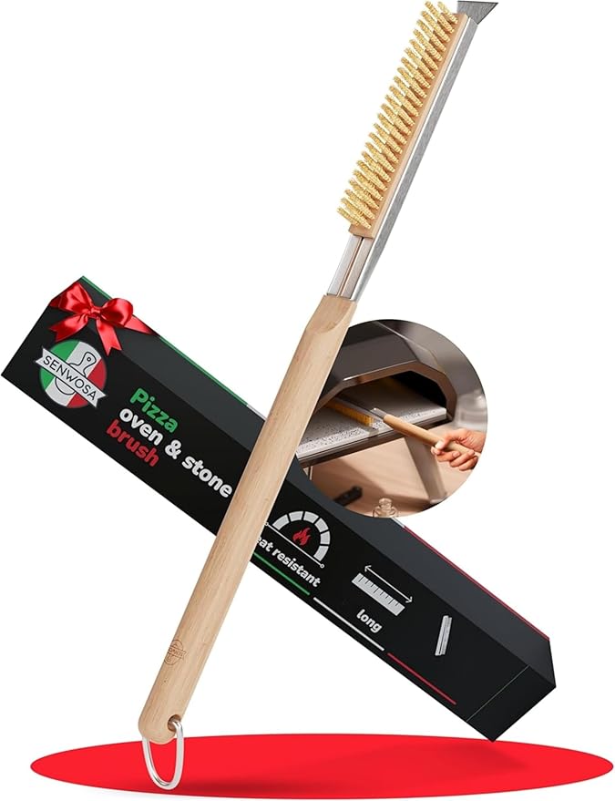 Senwosa 22” Pizza Oven Brush with Stone Scraper - Heat Resistant Stainless Steel Bristles, Extra Long Handle - Universal Fit for Most Pizza Ovens