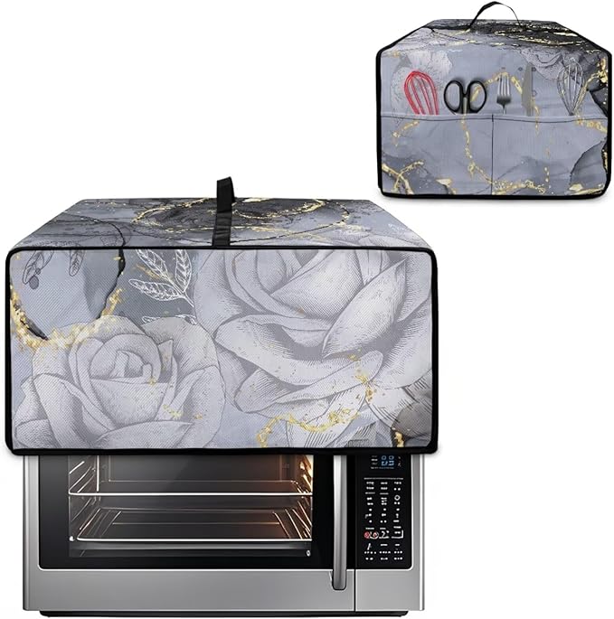 Marble Rose Flower Print Toaster Oven Cover, Stain-Resistant Air Fryer Cover with Storage Pocket, Kitchen Decorative Oven Protector, Black Grey Gold, (Small-14.5*18.46*9 inches)