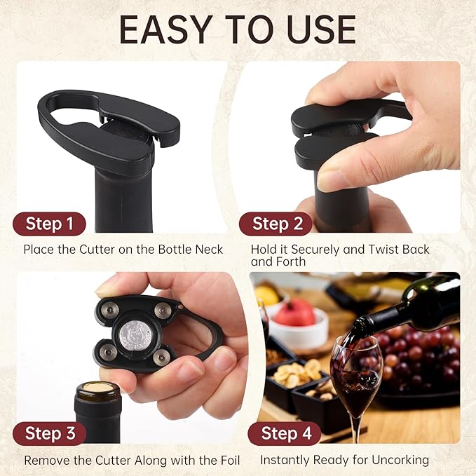 3 PCS Wine Foil Cutter – Magnetic Wine Bottle Opener with 4 Stainless Steel Blades, Ergonomic & Effortless Squeeze-and-Twist, Durable & Easy to Store – Gift for Wine Lovers, Black