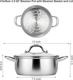 Chefbee Stainless Steel Steamer Pot - 3.2QT Steamer for Cooking with Food Basket, Steaming Cooking Pot Kitchen Cookware for Vegetable, Food, Dumplings, Soup