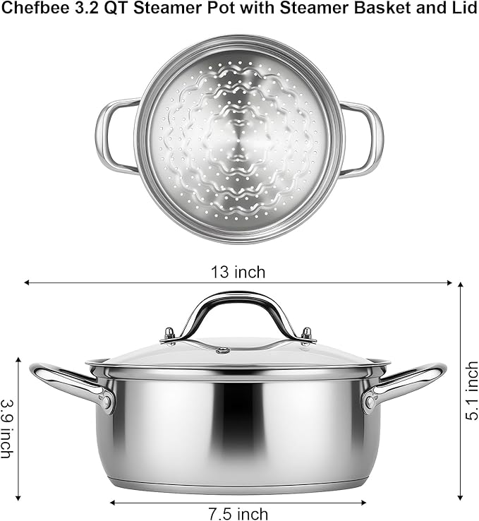 Chefbee Stainless Steel Steamer Pot - 3.2QT Steamer for Cooking with Food Basket, Steaming Cooking Pot Kitchen Cookware for Vegetable, Food, Dumplings, Soup