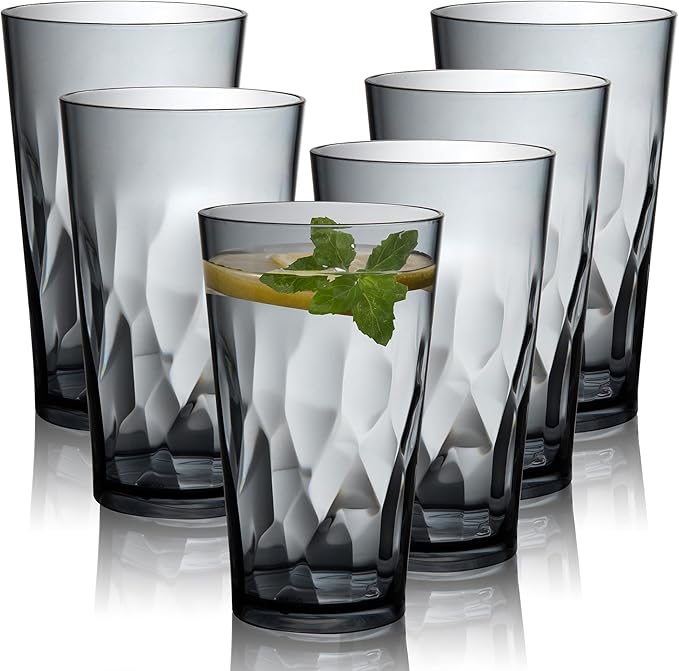 JGIRL Unbreakable Plastic Drinking Glasses, Set of 6, Shatterproof Drinking Cups, Plastic glass cup,16 oz plastic Tumbler Cups,Dishwasher Safe (Grey)