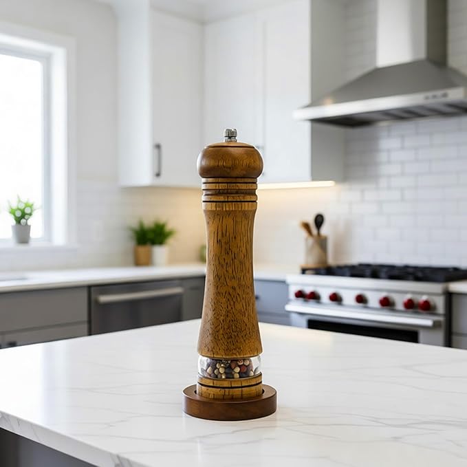 Wood Salt and Pepper Grinder, Salt Grinder and Pepper Mill, Oak Wood Shakers with Adjustable Ceramic Grinders (8″ - 1 Pack with Tray)