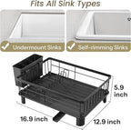 SNTD Dish Drying Rack - Small Dish Rack for Kitchen Counter, Stainless Steel Dish Drainer with Utensil Holder and Drainboard, 12.9" W x 16.9" L (Black)