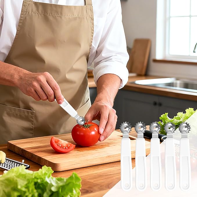 5 Pcs Tomato Corer Tool Strawberry Huller Stem Remover, Handle with hole, Stainless Steel, Fruit Corer Tool for Tomato Strawberry (White)