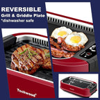 Indoor Smokeless Grill, Techwood 1500W Electric Indoor Grill with Tempered Glass Lid, Portable Non-stick Korean BBQ, Turbo Smoke Extractor Technology, Drip Tray& Double Removable Plate, Red