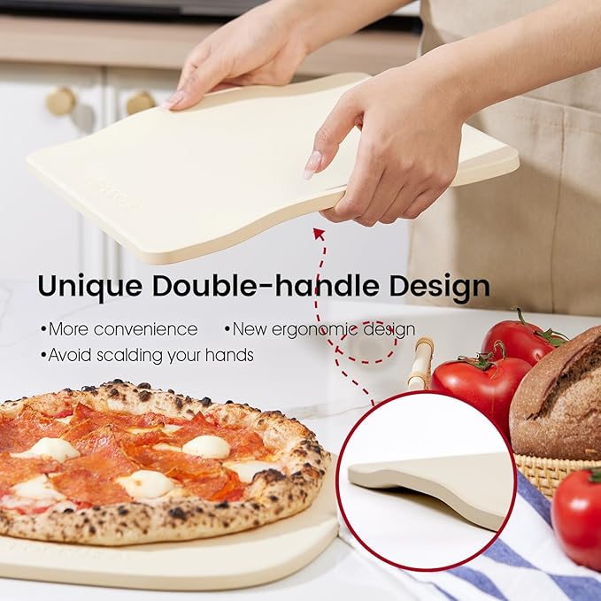 Pizza Stone, 12"x11" Rectangular Pizza Stones for Oven Grill BBQ, Cordierite Baking Stone for Pizza Bread Pie with Unique 2 Handles Design