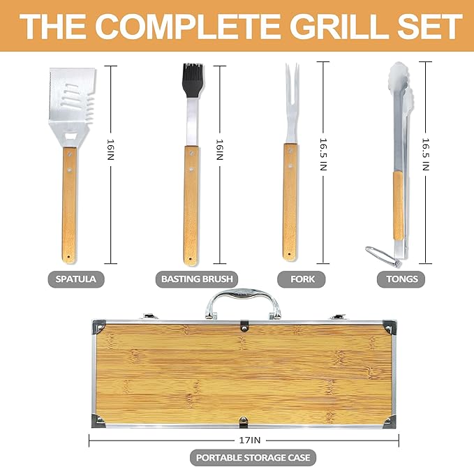 Grilling Accessories Anniversary Christmas Birthday Gifts for Dad, Heavy Duty Wooden BBQ Kit with Apron for Backyard, Thick Stainless Steel Grill Utensils with Non-Slip Handle Tools in Portable Bag