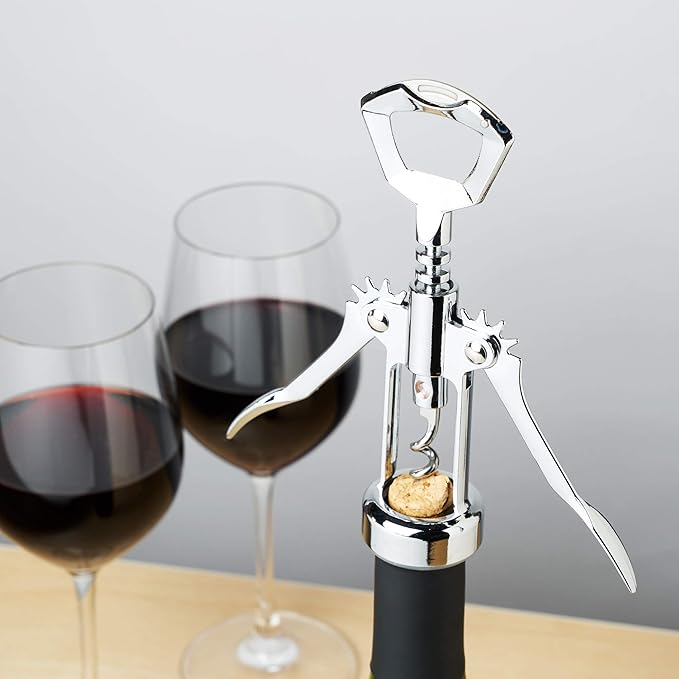 True Glider Winged Corkscrew Wine Opener with Foil Cutter, All in One Bottle Opener for Beers and Soft Drinks, Stainless Steel and Plastic with Sharp Screw, for Home Bar, Kitchen, Set of 1, Silver