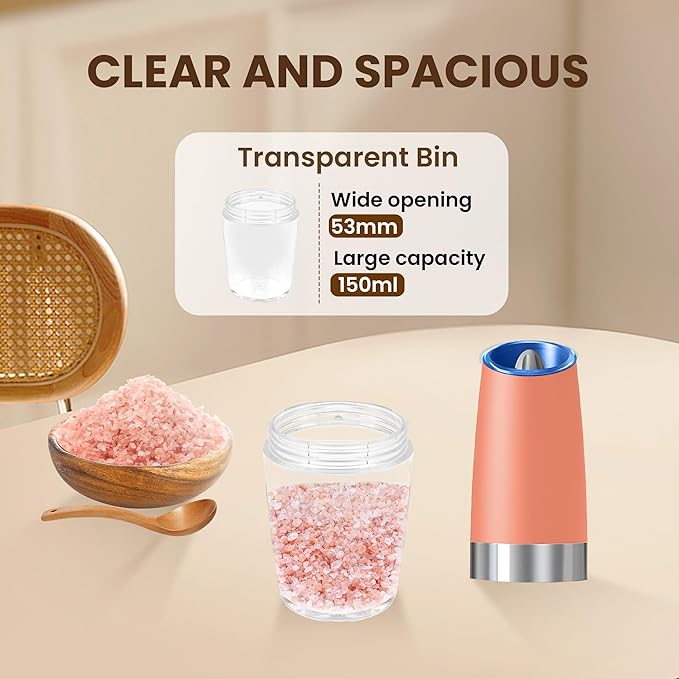 Gravity Electric Salt And Pepper Grinder Set, Automatic Salt And Pepper Grinder Set, Battery Powered (6 AAA Batteries Each), Adjustable Roughness, LED Light, 2 Pack, (Pink)