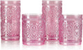 Darlion Pink Glassware Set of 4, Vintage Drinking Glasses, Colored Glassware Drinking, Highball Embossed Beverage Glasses Cup for Party Wedding Home Office and Gift (2pcs12oz+2pcs10oz