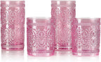 Darlion Pink Glassware Set of 4, Vintage Drinking Glasses, Colored Glassware Drinking, Highball Embossed Beverage Glasses Cup for Party Wedding Home Office and Gift (2pcs12oz+2pcs10oz