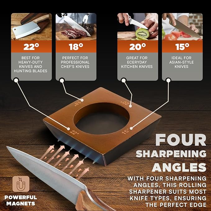 Rolling Knife Sharpener, Ergonomic Cylindrical Design, Heavy Dutty 600,1000 Daimond & 6000 Grit Replacement Disc, 4 Precision Angles, Knife Sharpening Kit for All Kind of Knives