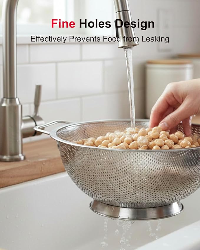 5.5-Quart Kitchen Colander, Stainless Steel Pasta Strainer with Handle and Base for Vegetables, Fruit, Spaghetti