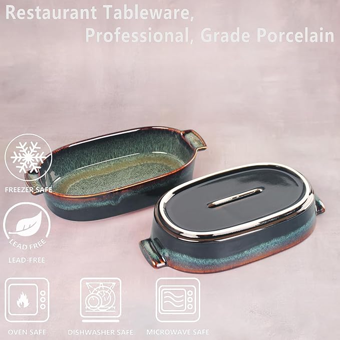 Ceramic Casserole Baking Dish - 15.2 Ounces Baking Dish for Oven, Lasagna Pans, Oven Safe Durable Bakeware for Kitchen Home Decor, Banquet and Dinner Oval 2 pieces, 7.5 x 4.3 Inch