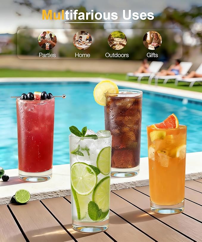 Drinking Glasses Set of 8, 16 oz Water Glasses, Wide Mouth Design Lead-Free Crystal Highball Glassware, Tall Glass Cups for Cocktail Parties, Family Dinners, and Tom Collins Bar Glassware