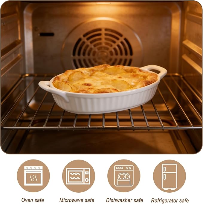 4 PCS 16 OZ Au Gratin Baking Dishes, Oval Porcelain Baking Dishes with Handles for Kitchen and Home, Ceramic Oven Safe, 7.5" x 9.25",White
