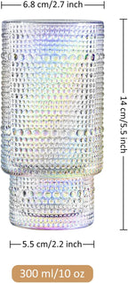 Joeyan Iridescent Drinking Glasses,Vintage Embossed Stacking Water Tumblers Romantic,Clear Hobnail Rainbow Glassware Set,Beaded Highball for Juice Beverages Coffee Tea Cocktail,10 oz,Set of 4