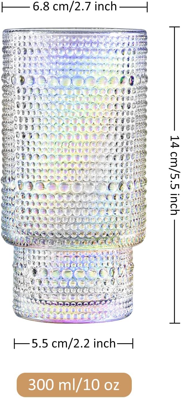 Joeyan Iridescent Drinking Glasses,Vintage Embossed Stacking Water Tumblers Romantic,Clear Hobnail Rainbow Glassware Set,Beaded Highball for Juice Beverages Coffee Tea Cocktail,10 oz,Set of 4