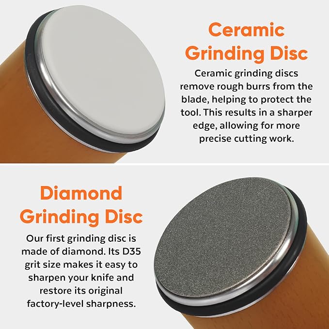 Premium Rolling Knife Sharpener Kit - Magnetic Manual Knife Sharpener with Diamond & Ceramic Discs, Two Extra Discs, Leather Strop & Stand, 15° & 20° Angle Guides, Gift for Chefs & Home Cooks