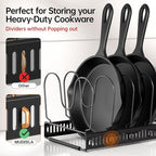 MUDEELA Expandable Pots and Pans Organizer Rack under Cabinet, Pots Lid Organizer Rack for Kitchen Cabinet Organizers and Storage with 12 Adjustable Dividers Cutting Board Holder & Anti-Scratch Strips