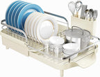 SNTD Dish Drying Rack, Expandable Dish Rack for Kitchen Counter, Stainless Steel Dish Drainer with Drainboard Set and Utensil Holder (Beige)