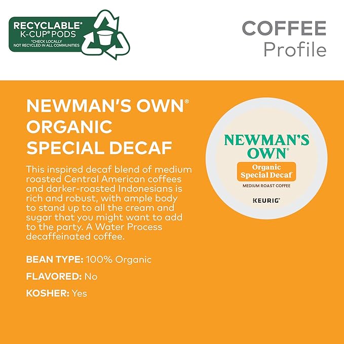 Newman's Own Organics Special Blend Decaf Keurig Single-Serve K-Cup Pods, Medium Roast Coffee, 60 Count (6 Packs of 10)