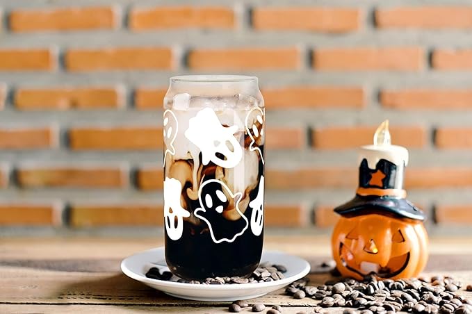 ANOTION Halloween Mugs - 18oz Halloween Ghost Decorations Glass Cups Tumbler for Iced Coffee, Glassware Cookie Jar Decor Gift Drinking Water Bottles