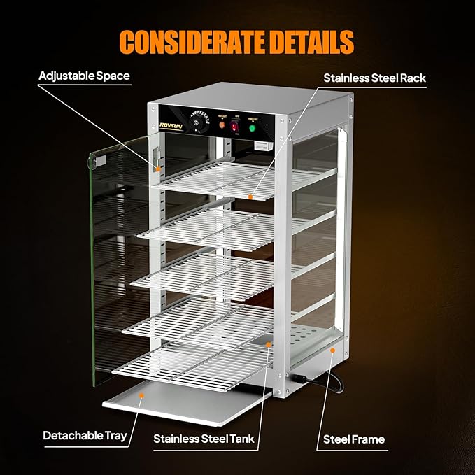 ROVSUN 5-Tier Commercial Food Warmer, 15" Pizza Warmer Food Warmer Display with LED Adjustable Lighting Glass Door Removable Shelves, Countertop Electric Food Warmer for Buffet Restaurant 110V 800W