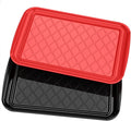 Serving Trays for Party - Set of 2, Large Serving Platters for Raw and Cooked Food, Dishwasher Safe, 17×10.5-inch Stackable Plastic Party Supplies for Grilling, BBQ, Meal Prep (Red, Black)