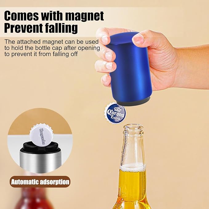 2PCS Destapador De Cerveza Automatic Beer Bottle Opener With Magnetic Cap, Stainless Steel One-Handed Lid Opening Spring Loaded Push&Pop for Kitchen Home Bar Gift