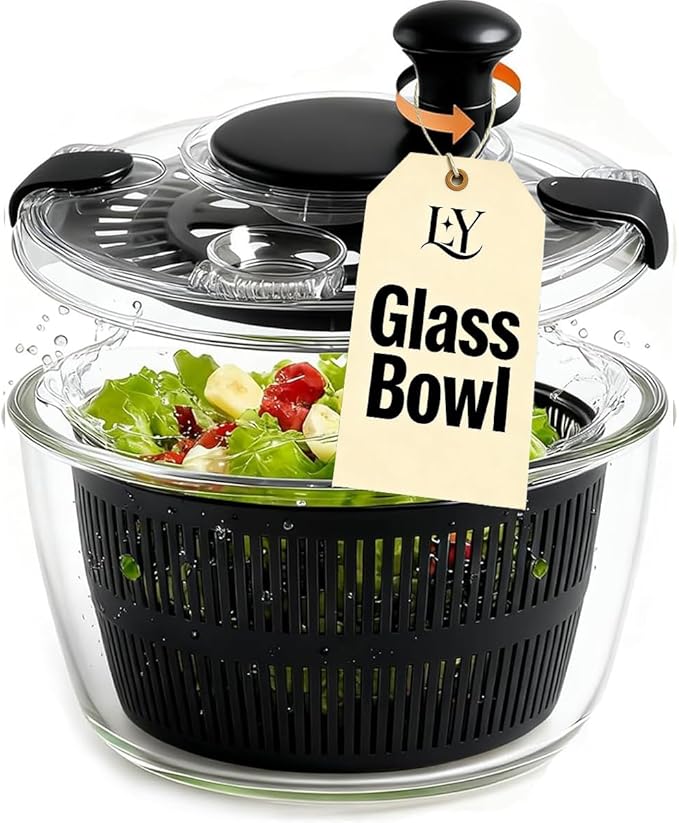 Large 5.2 Qt Glass Salad Spinner Vegetable Dryer with Drain Microwave Safe Dishwasher Safe with Transparent Lid Crank Handle Quick Spin Greens Washer for Lettuce Herbs Fruits (black)