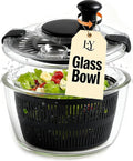 Large 5.2 Qt Glass Salad Spinner Vegetable Dryer with Drain Microwave Safe Dishwasher Safe with Transparent Lid Crank Handle Quick Spin Greens Washer for Lettuce Herbs Fruits (black)