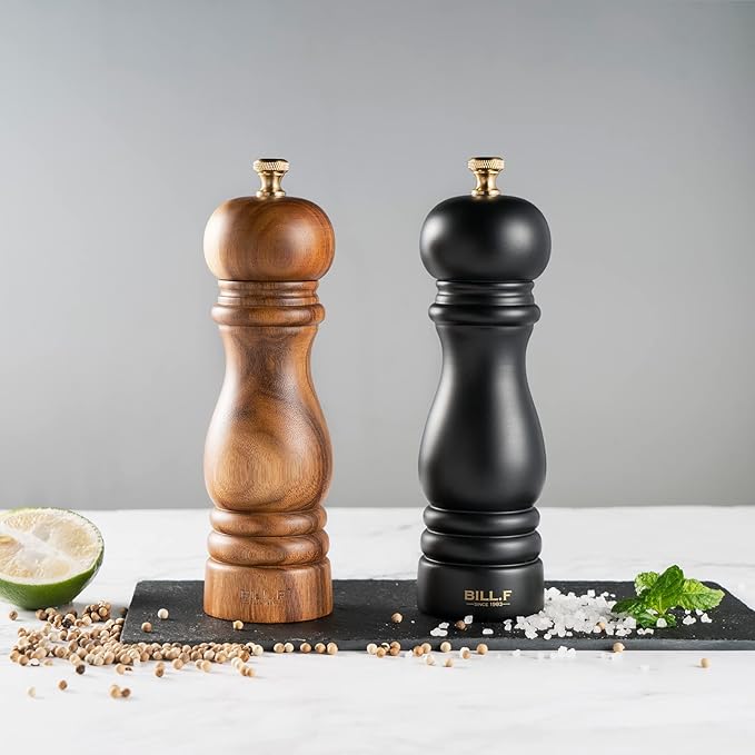 BILL.F Salt and Pepper Grinder Wooden Black Pepper Mill Grinder Salt Pepper Shakers Set of 2 with Adjustable Ceramic Rotor- 7 Inch