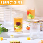 Zhehao 12 Pcs Ribbed Drinking Glasses Set 9 oz 12 oz Glass Cups Vintage Glassware Ribbed Cocktail Cup Clear Ice Coffee Highball Ripple Drinkware for Home Bar Beverages
