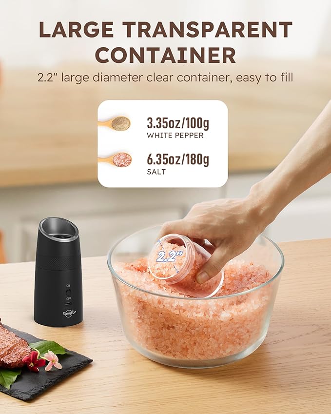 Sangcon Gravity Electric Salt and Pepper Grinder Set RECHARGEABLE Automatic Salt Pepper Shakers USB-C No Battery Needed - LED Light One Hand Operation, External Adjustable Coarseness Pepper Mill