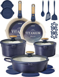 CAROTE 22Pcs Titanium Cookware Set, Pots and Pans Set Non Stick, Kitchen Cooking Set with Detachable Handle, Non Toxic Induction Cookware, Dishwasher/Oven Safe，Blue