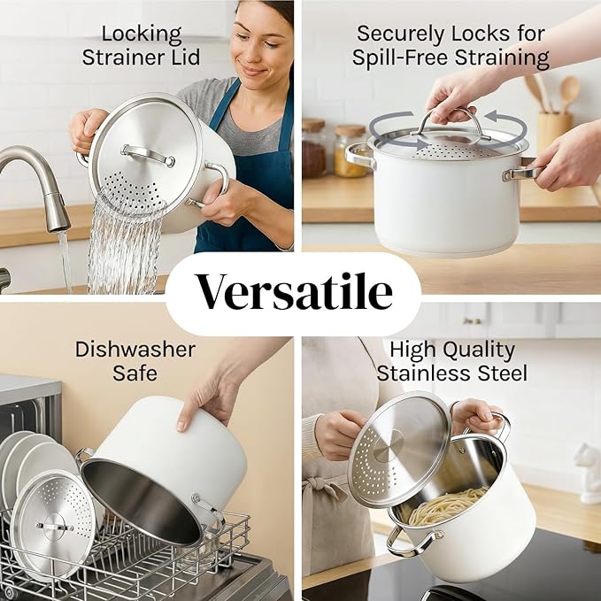 Cooler Concepts Pasta Pot with Strainer Lid - 5.5 Quart Large Spaghetti Pot - Twist & Lock for Easy Drain & No Colander Or Strainer Basket Insert Needed - Dishwasher Safe Pots
