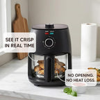 Elite Gourmet Glass Air Fryer, 2.4 Qt Compact Size for 1–2 People, PFAS-Free Ceramic & Glass Basket, Visible Cooking, Adjustable Temp 175–400°F, 1150W, Black