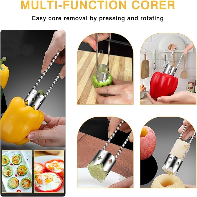 2 PCS Pepper Corer & Seed Remover, Stainless Steel Vegetable and Fruit Corer Tool, Easy Core Remover for Bell Pepper, Jalapeno, Pineapple, Pear – Kitchen Gadget Set