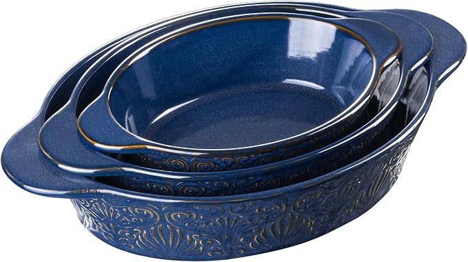 Dafuceramic Casserole Dishes for Oven Sets of 3, Ceramic Oval Baking Dish, Au Gratin Baking Pans with Handles for Roasting, Lasagna, Pie, Baking Meat & Vegetables, Blue