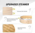 MacaRio Bamboo Steamer Basket Set 10 inch Dumpling Steamer for Cooking with Side Handles Ring Adapter Roller Dumpling Cutter & Press Liners for Dim Sum Dumplings Buns Seafoods Vegetables Rice