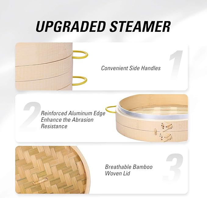 MacaRio Bamboo Steamer Basket Set 10 inch Dumpling Steamer for Cooking with Side Handles Ring Adapter Roller Dumpling Cutter & Press Liners for Dim Sum Dumplings Buns Seafoods Vegetables Rice