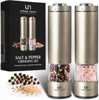 Electric Salt and Pepper Grinder Set - Battery Operated Stainless Steel Mill with Light (2 Mills) - Automatic One Handed Operation - Electronic Adjustable Shakers - Ceramic Grinders Champagne