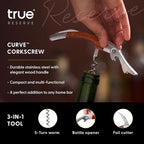 True Reserve Curve Waiters Corkscrew Wine Opener with Foil Cutter, Wood and Stainless Steel, Manual Wine Bottle Opener for Bartenders, Servers, Home Bar Tools, Bar Cart Accessories, Set of 1