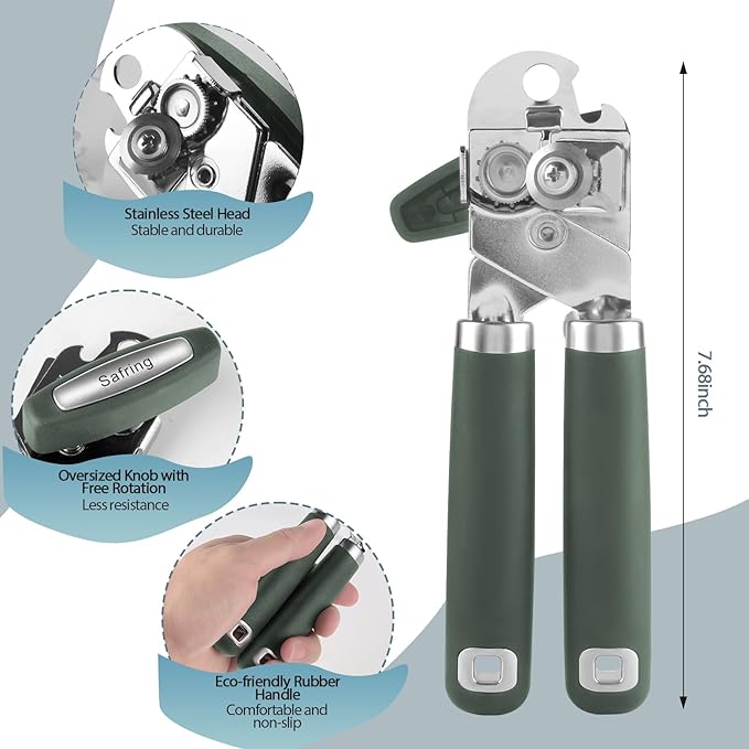 Safring Can Opener Manual, Heavy Duty Handheld Strong Can Opener with Soft Touch Handle, Sharp Blade Smooth Edge, Can Openers with Multifunctional Bottle Opener, Hunter Green