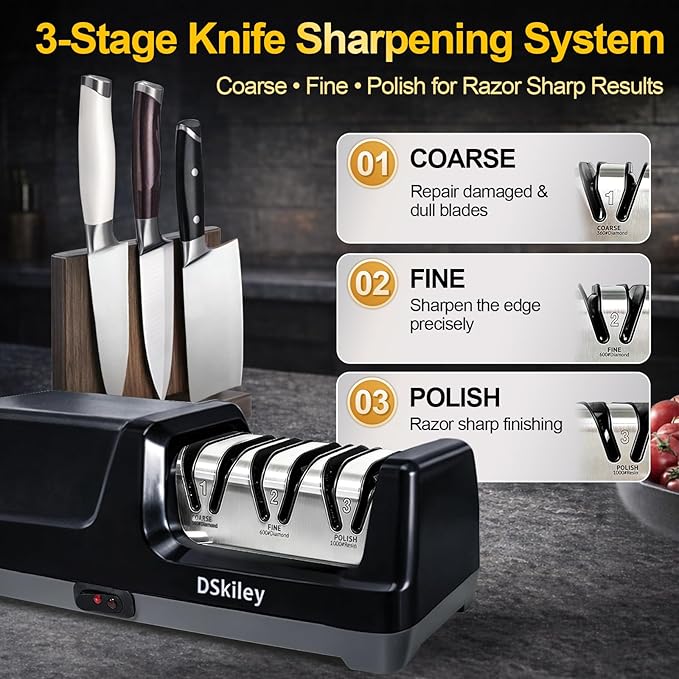 Electric Knife Sharpener for Kitchen – Professional 3-Stage 100% Diamond System with 20° Precision Angle, Fast Sharpening to Restore & Polish Chef Knives(Black)